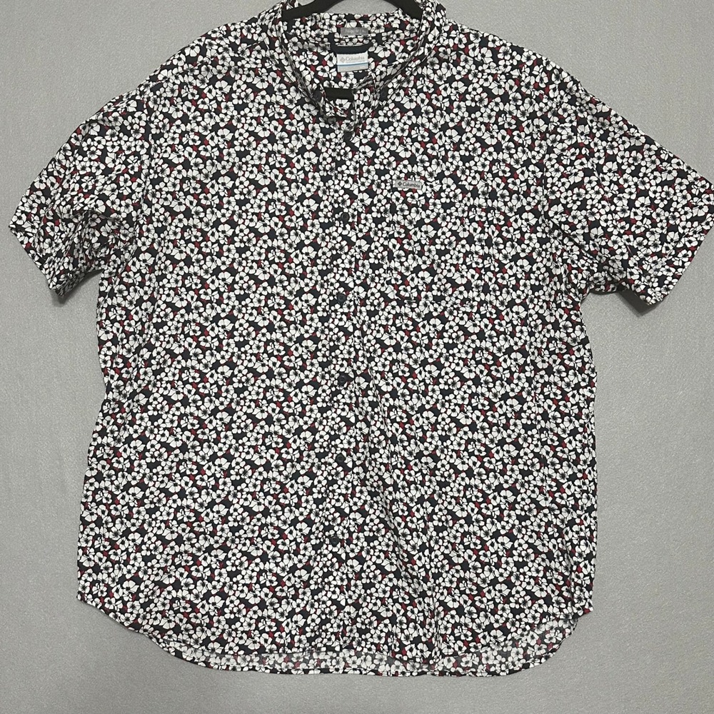 Columbia Mens XXL Floral Button Down Shirt Short‎ Sleeve Regular Fit AM0094 Navy